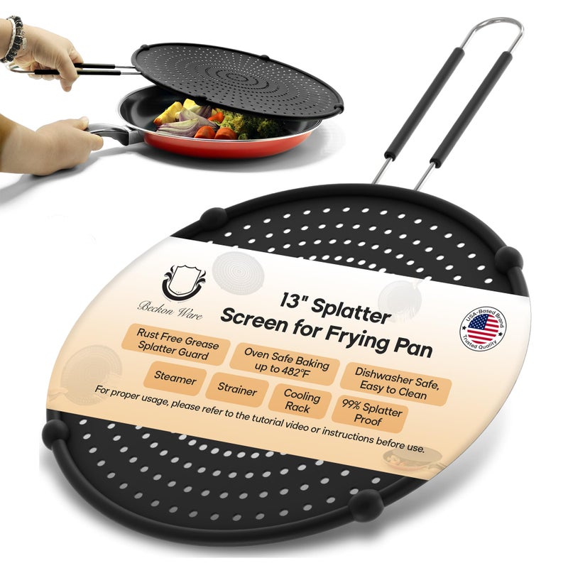 Beckon Ware Splatter Screen for Frying Pan | USA Brand | 13-Inch Black, Fit Pans (12" to 13") Silicone Grease Splatter Guard for Frying Pan and Stove by Beckon Ware - Image 1